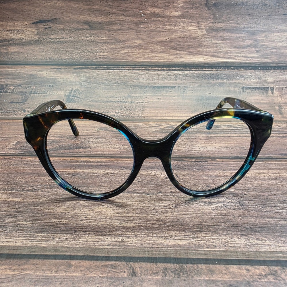 Tory Burch Tortoiseshell Round Cat-Eye Glasses with Blue Accents